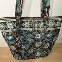 Vera Bradley Java Blue/Brown Villager Tote Bag Quilted Retired Large 18”x14”x6”