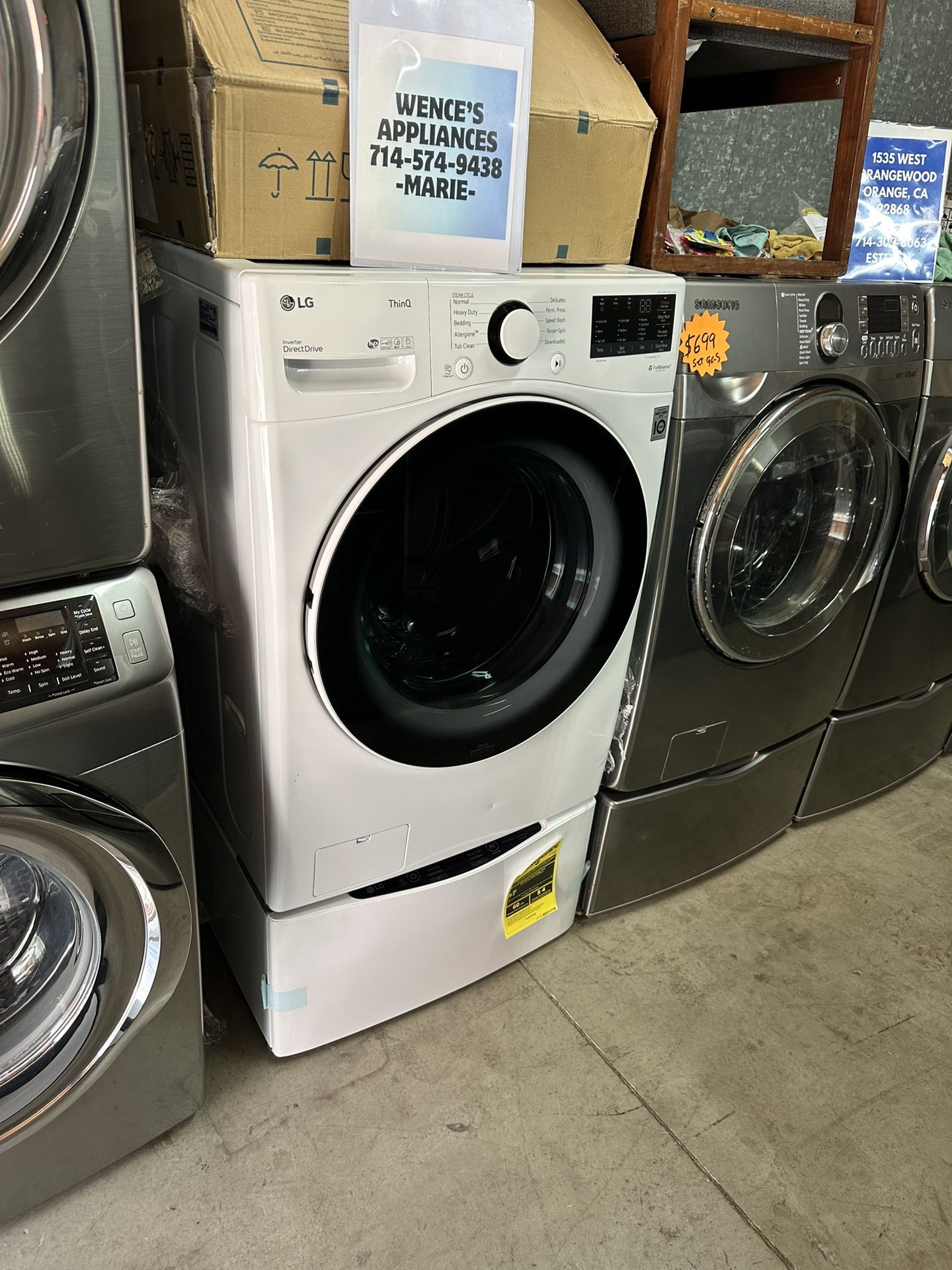 LG FRONT LOAD WASHER WITH WASH PEDESTAL OPEN BOX