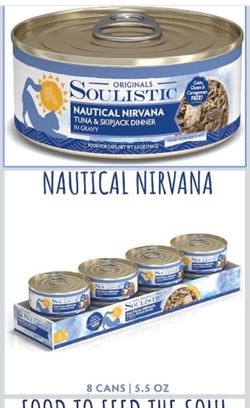 NEW Soulistic Originals Wet Cat Food, Nautical Nirvana Tuna and Skipjack Dinner in Gravy, 5.5oz Can, Pack of 8