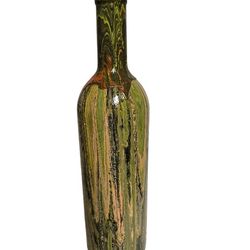12" handpainted bottle in fall colors orange, green, black and pink