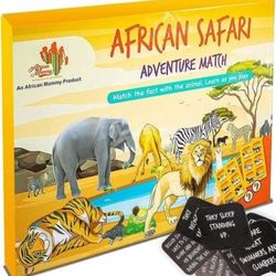 African Safari Adventure Match Game - Educational Family Board Games for Kids Age 6 and up with 4 Animal Puzzle Boards, 24 Flash Cards