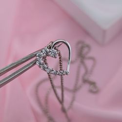 Sterling Silver Dainty Diamond CZ Open Heart Pendant And 20"Beaded Necklace 