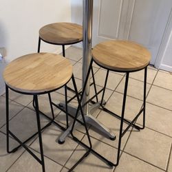 Stainless Steel Pub Table And 3 Wooden Stools 