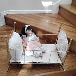Vintage, Brass Doll Cradle & Porcelain Doll...Makes A Great Gift Idea!                                        SEE DESCRIPTION 