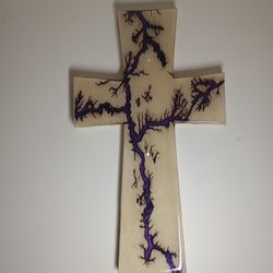 Lichtenburg Fractal Burning Wall Mounted Wall Hanging Cross Crucifix Epoxy