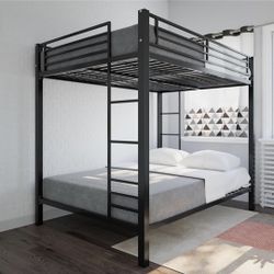 DHP Full Over Full Metal Bunk Bed Sturdy Frame w/ Metal Slats – Black