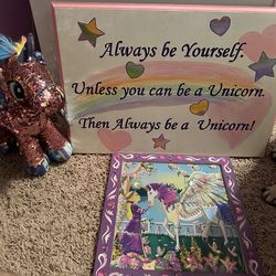 Unicorn bundle! Hand painted sign, Melissa & Doug picture & glitter plush toy
