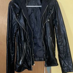 Hooded Leather Jacket Womens L