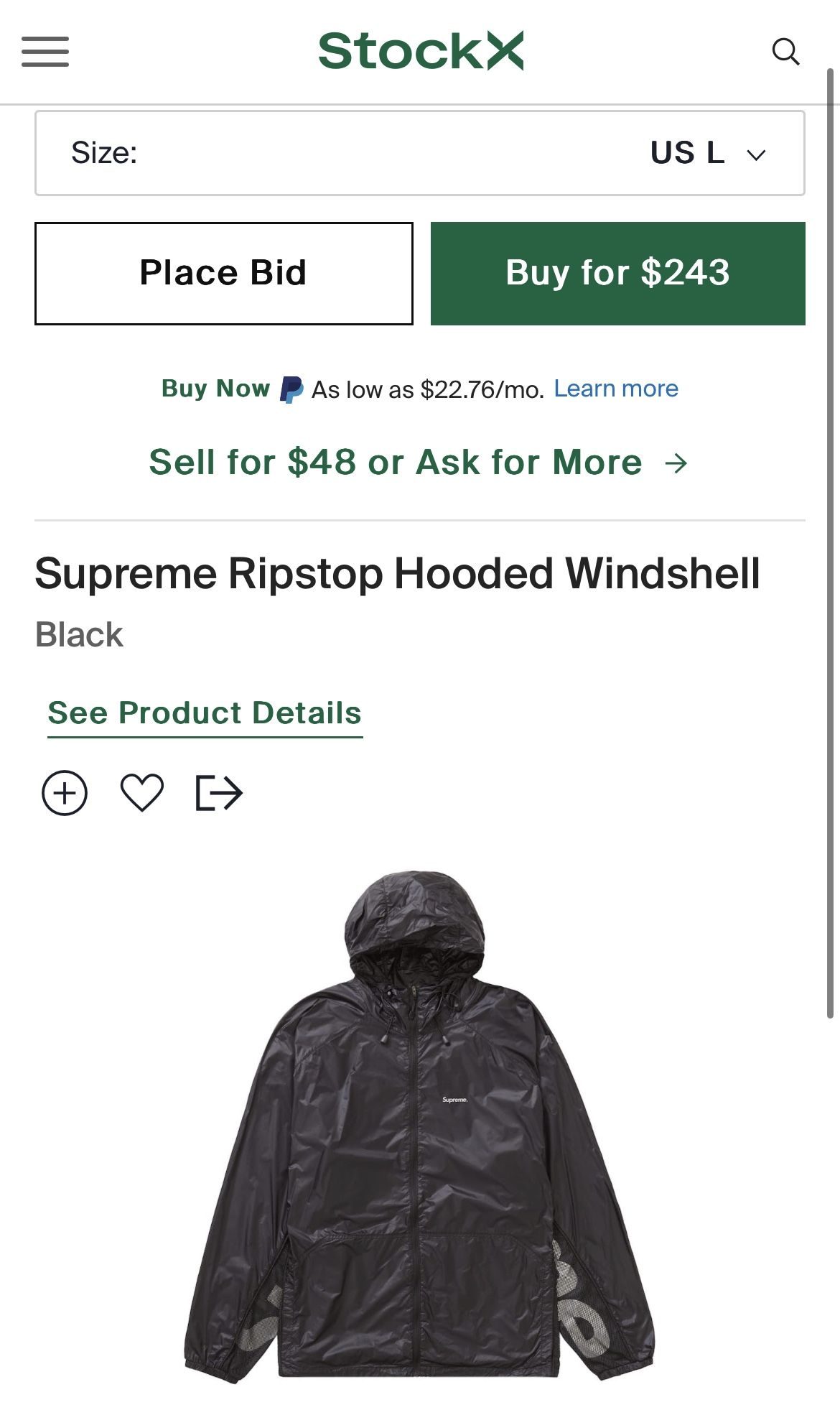 Supreme Ripstop Hooded Windshell - Black - SIZE LARGE for Sale in