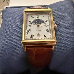Timex x Noah Moon Phase Rectangle Gold Dress Watch Brown Leather Strap Analog