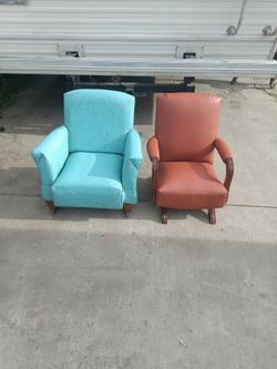 Two Vintage Child Well Made Rocking Chairs Blue One From The 50s Brown One From The 40s. Very Well Made. Mate Of Quality Exactly Like An Adult Rocking