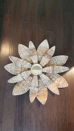32" Vintage handcrafted woven rattan or palm fiber flower mirror 32