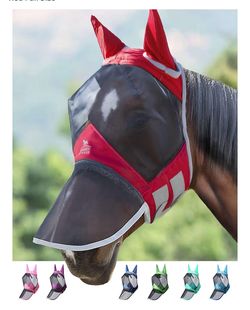 Harrison Howard CareMaster Pro Luminous Horse Fly Mask Large Eye Space Long Nose with Ears UV Protection for Horse Red Full Size 