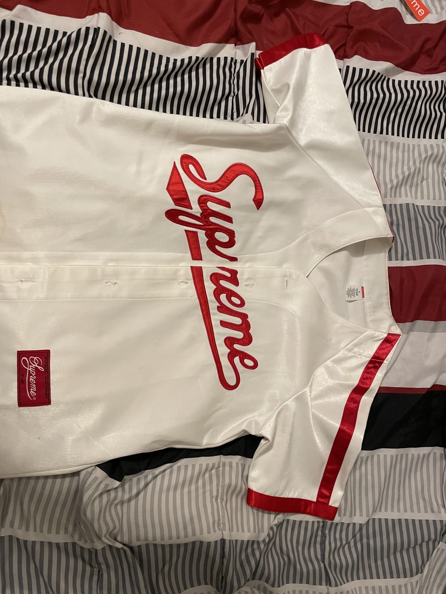Supreme Satin Spell Out Baseball Jersey Men’s small White/ Red Open Front Shirt. black supreme Louis Vuitton shirt with tag. Located in Allen tx. OBO 