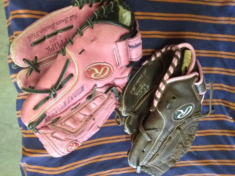 2 Girl's Rawlings Baseball Gloves