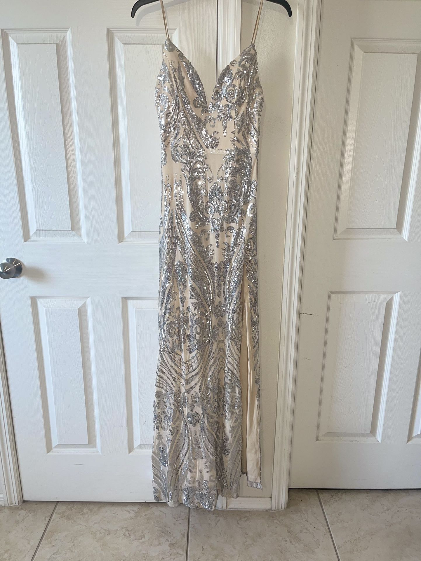 Windsor Nude & Silver Prom Dress/Gown with Slit (Small)