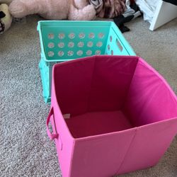 Pink Fabric Storage Bin And Teal plastic Crate