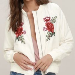 Jack by BB Dakota White Bomber Jacket with Rose Embroidery, Size Large