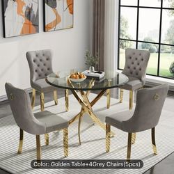 5/3/1pc Round Dining Table Set, Modern Tempered Glass Dining Table With Velvet Dining Chairs, 36" Kitchen Table With Stainless Steel Base For Living R