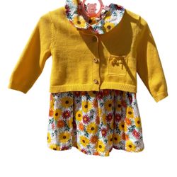 Sunflower Dress with Yellow Cardigan for 12 Month Old 100% Cotton Two Piece set BNWT