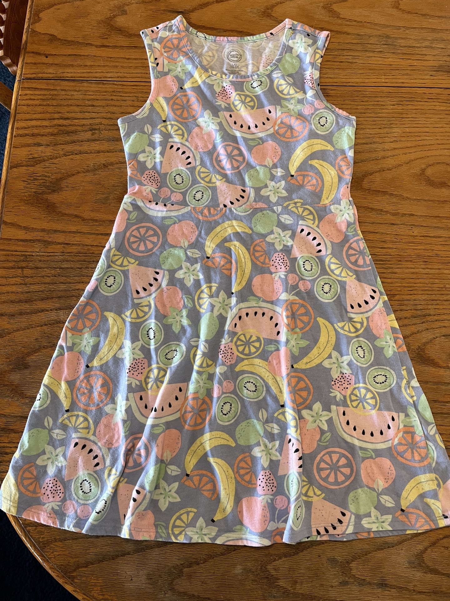Child’s Pastel Sun Dress Fruit Print Size 10/12 In Great Condition Soft Stretch Material