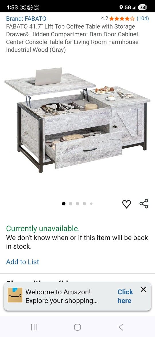 Lift Top Coffee Table with Storage Drawer& Hidden Compartment Barn Door Cabinet Center Console Table for Living Room Farmhouse Industrial Wood (Gray)