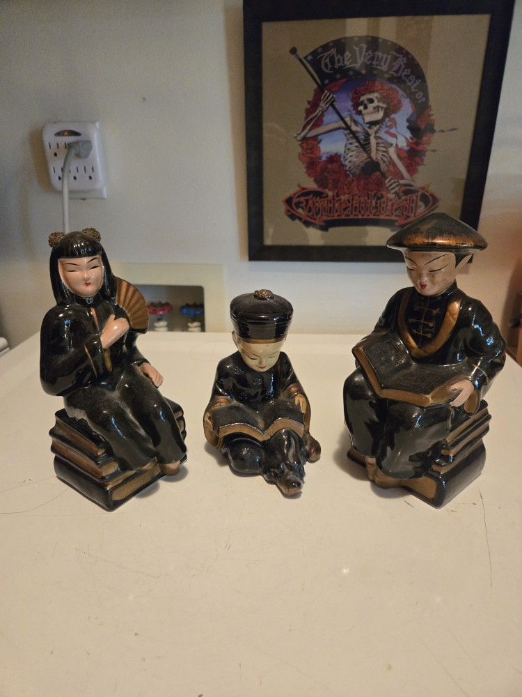 Set Of 3 MCM Hand Painted Japanese Chalkware Figurines
