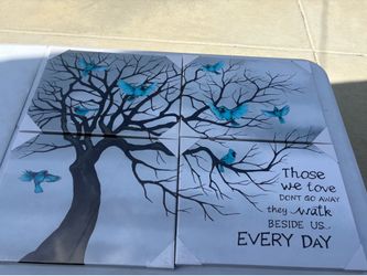 4-Panel Tree and Blue Birds Canvas Art with Sentimental Quote