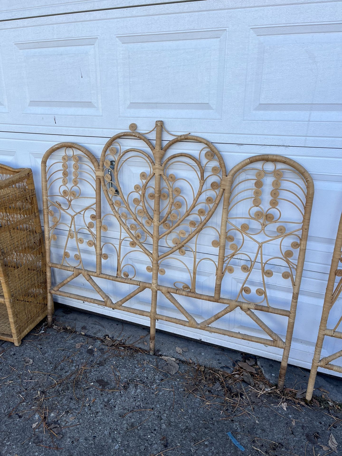 Vintage Wicker Rattan Mid Century Shelf And Heart Shaped Headboards for