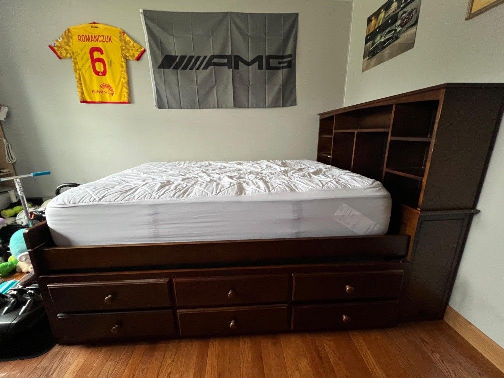 Full Size Brown Captains Bed With Shelf’s As Backboard