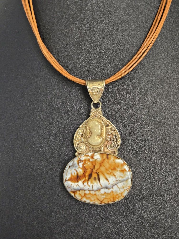 Vintage Sterling Silver Pietersite Gemstone Pendant Necklace