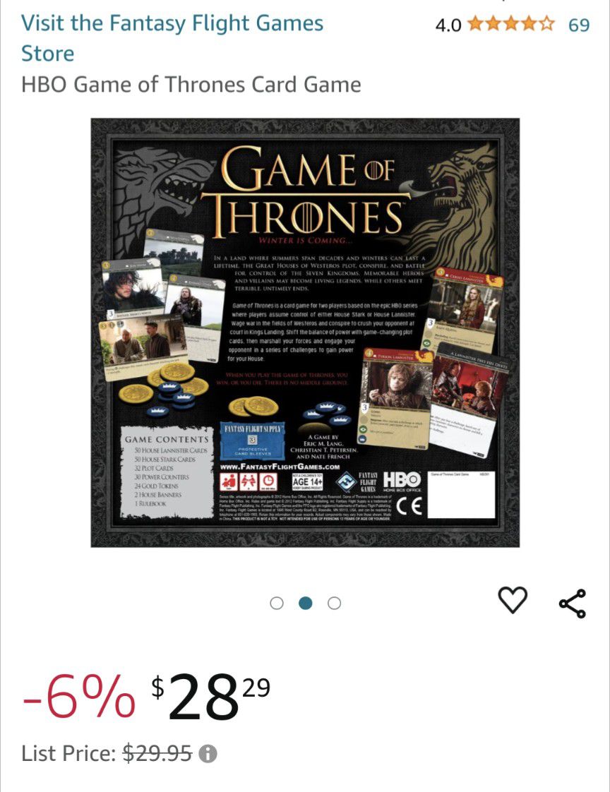 HBO game of thrones board card game