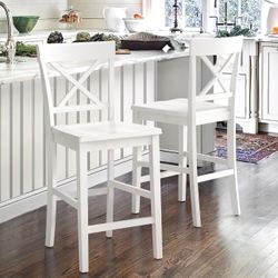 Counter Height Bar Stools Set of 2, 24" H Wooden Counter Stools with Back and Footrest, X-Back Farmhouse Barstools for Kitchen Island, Home Bar, White