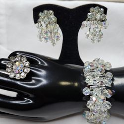 Gorgeous, Heavy Vintage Aurora Borealis Cha-Cha Crystal Bracelet, Earrings, Ring