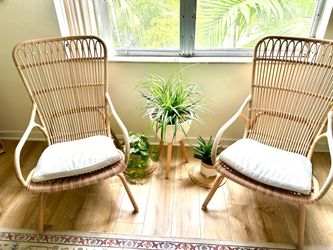 Rattan Accent Chairs with White Cushions – Set of 2