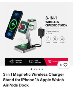 3 in 1 Magnetic Wireless Charger Stand for iPhone 14 Apple Watch AirPods Dock