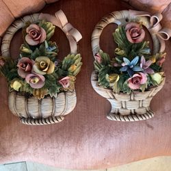 Vintage Capademonte Large Porcelain Flowers Basket Wall Hanging Art Plaque Italy