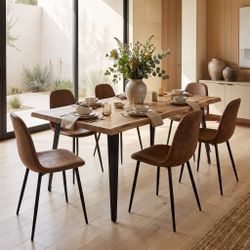 Homy Casa LANCELOT+CHARLTON 7PC Dining Set 63” Walnut Dining Table with 6 Charlton Brown Suede Chairs Open Box