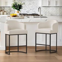 Beige Fabric Upholstered Kitchen Island Bar Stool with Metal Frame. (Set of 2) 26 inch SH