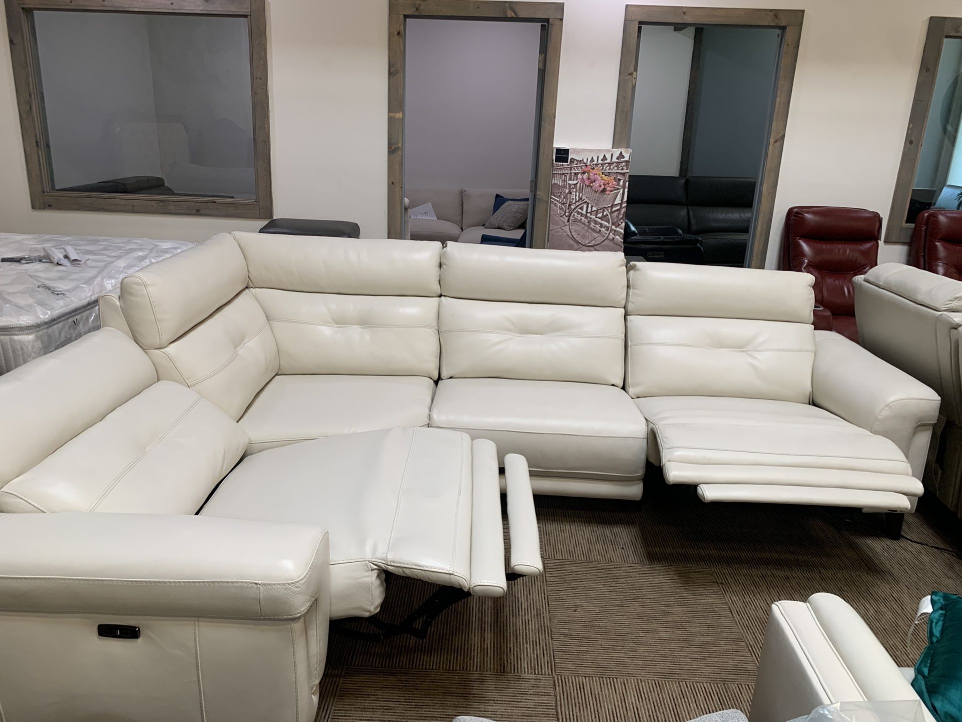 Jazlo 4 Piece Leather Sectional Couch With 3 Power Recliners for Sale