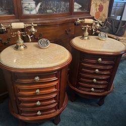 Rare PAIR of Royal Rodin Marble Top Cherry Wood Phone Dial Pad Nightstands Table