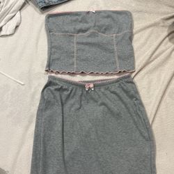 2 Piece Grey and Pink Detailed Skirt and Tube Top Set