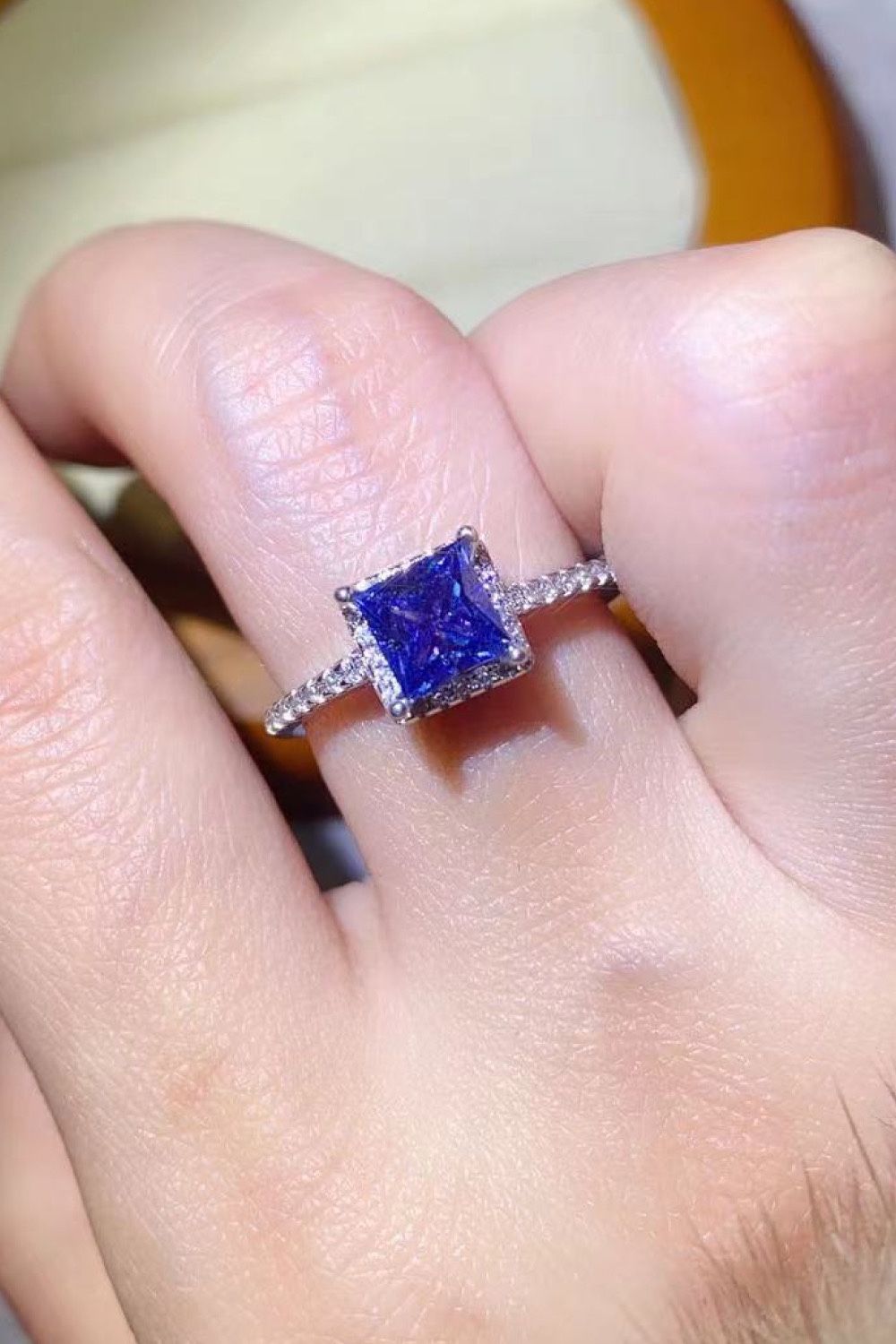 One Carat Moissanite Bluish-Purple Square Ring