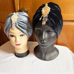 New,Set of 2 Velvet Turbans with Champagne Broaches