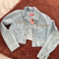 GUESS Rhinestone Fringe Cropped Denim Jean Jacket Size Medium M Brand New with Tags Bridal Bride Concert Cowgirl Girls Night Out