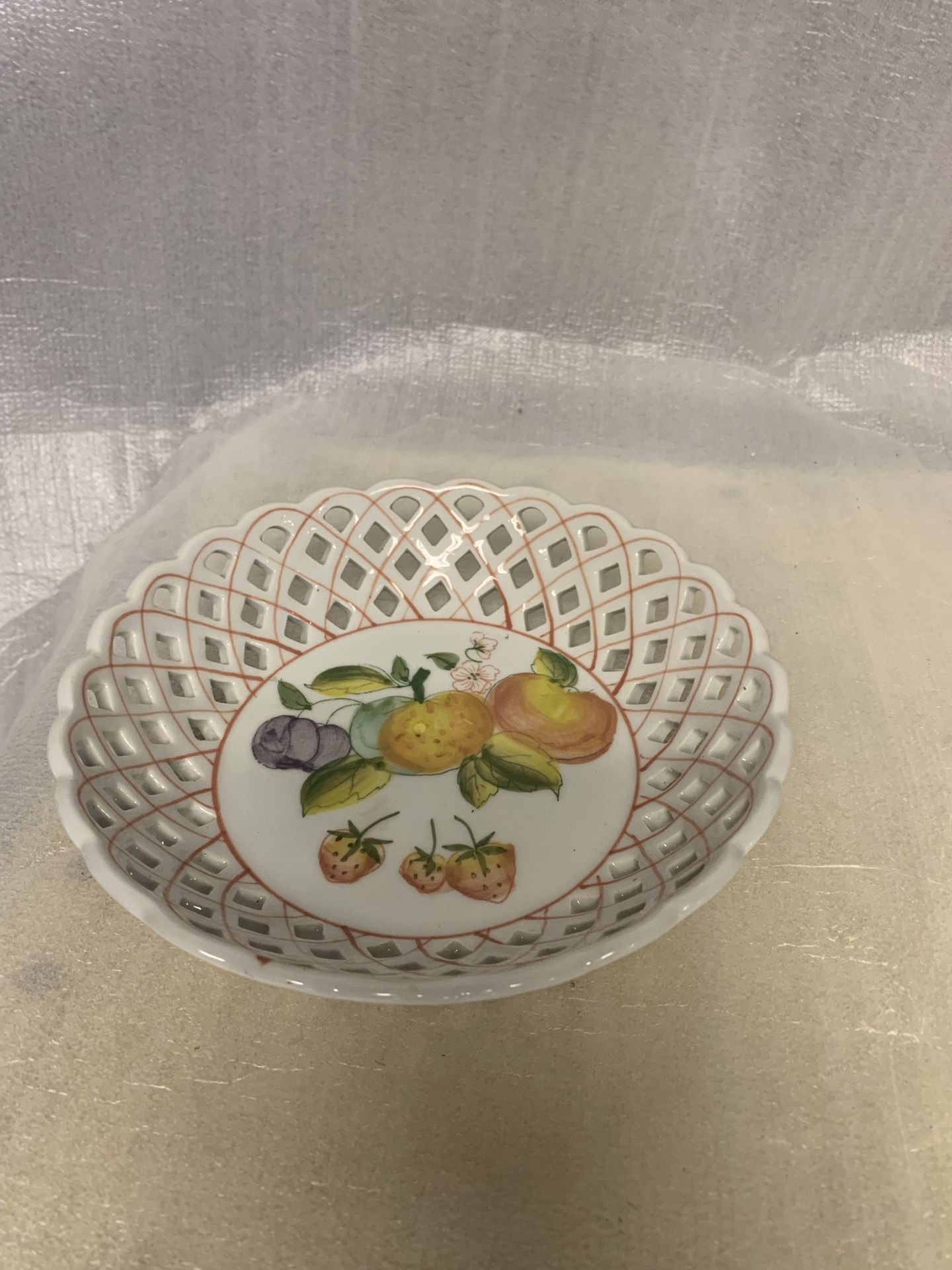 Vintage Reticulated Porcelain Fruit Bowl Hand Painted Fruit Motif Ceramic 7” Dia