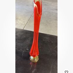 Vintage L E Smith Amberina Red Glass Swung Stretch Ribbed Pedestal Vase 19”