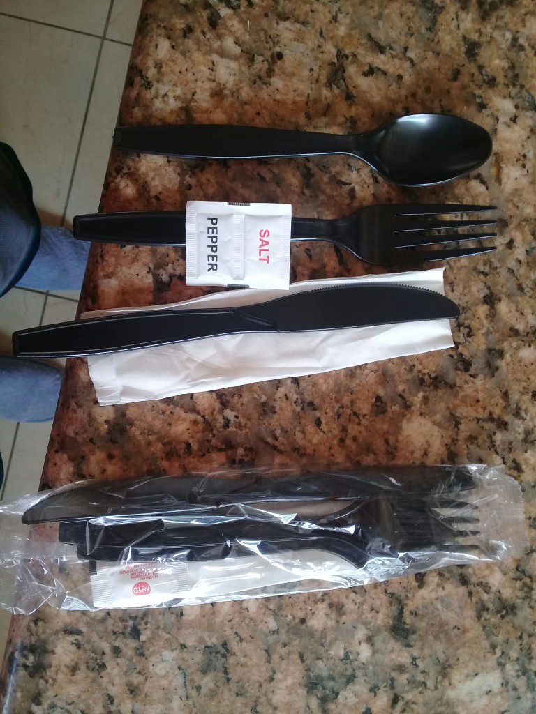 pre packed plastic knives fork spoon napkin salt pepper restaurant