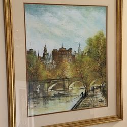 Framed Print - European Cityscape - Gold Frame - River Bridge Scene