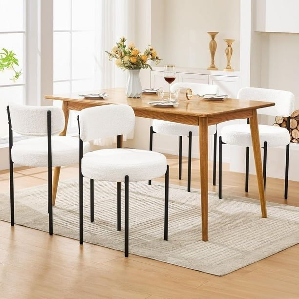 Dining Chairs Set of 4, White Boucle Dining Chair, Curved Backrest Upholstered Dining Room Chairs with Black Metal Legs, Mid Century Modern Dining Cha